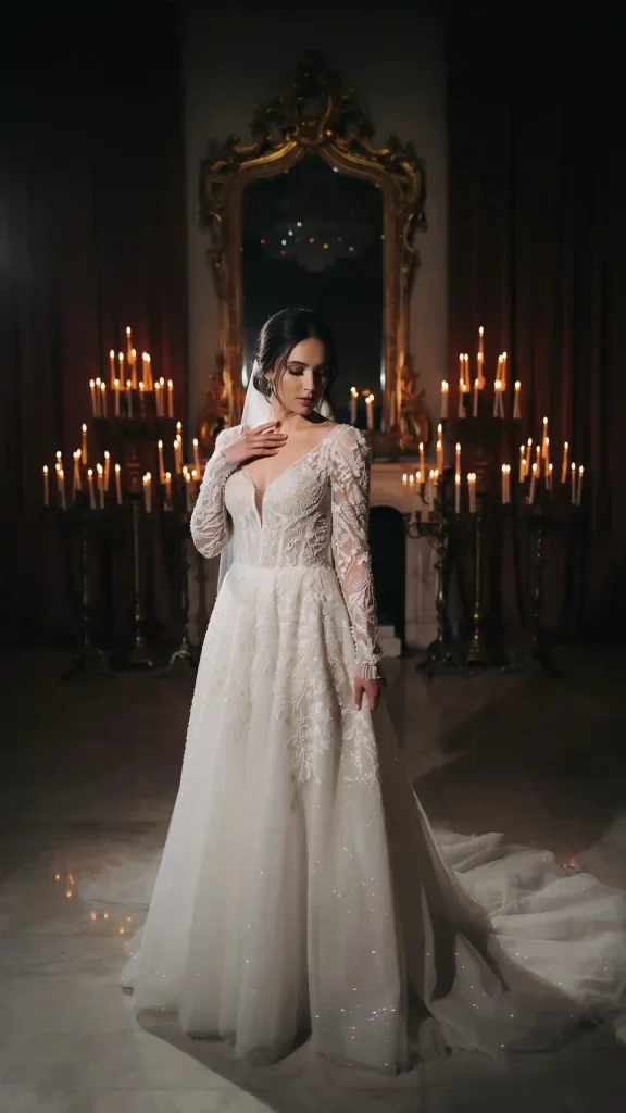 White-gothic-wedding-dress-with-beaded-lace-and-long-sleeves White gothic wedding dress with beaded lace and long sleeves