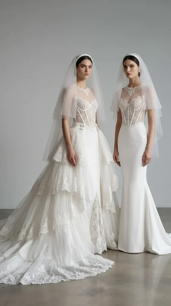 White-gothic-wedding-gown-with-dramatic-detachable-overskirt-design White gothic wedding gown with dramatic detachable overskirt design