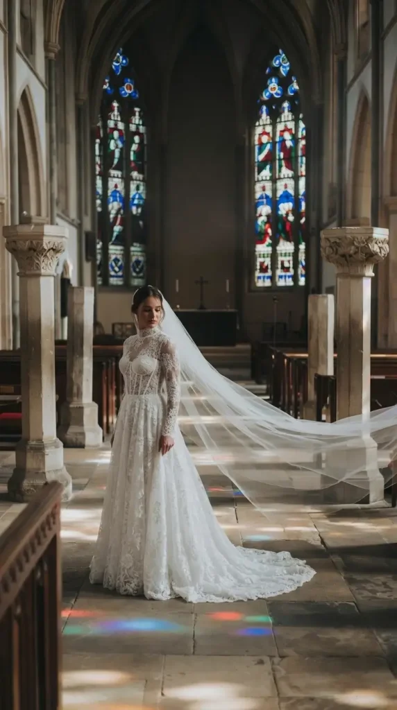 White-lace-gothic-wedding-dress-with-cathedral-length-veil White lace gothic wedding dress with cathedral length veil