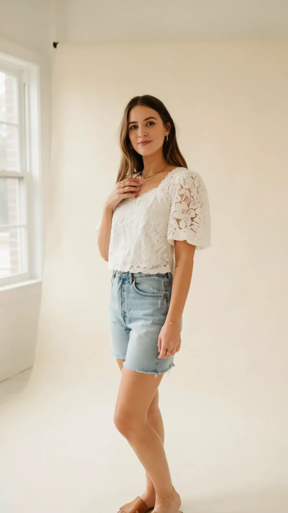 White-lace-puff-sleeve-top-with-jorts-romantic-summer-vibe White lace puff sleeve top with jorts romantic summer vibe