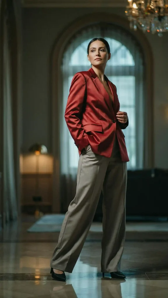 Wine-Red-Satin-Blazer-with-Dove-Gray-Wide-Leg-Pants Wine Red Satin Blazer with Dove Gray Wide Leg Pants