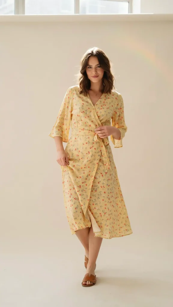 Yellow-Floral-Wrap-Dress-With-Light-Breezy-Fabric Yellow Floral Wrap Dress With Light Breezy Fabric