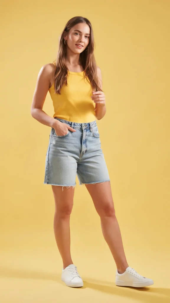 Yellow-sleeveless-top-with-light-jorts-bright-sunny-outfit Yellow sleeveless top with light jorts bright sunny outfit