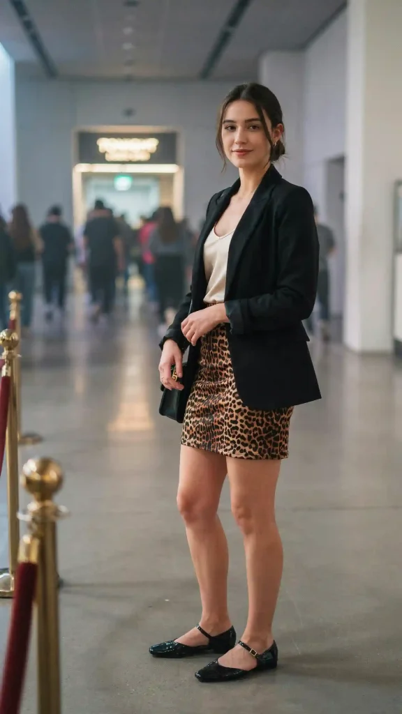 Animal-Print-Skirt-with-Black-Blazer-and-Ballet-Flats Animal Print Skirt with Black Blazer and Ballet Flats