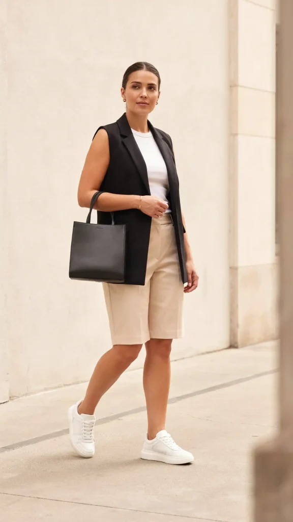 Beige-Bermuda-Shorts-and-Black-Vest-for-Minimalist-Street-Chic Beige Bermuda Shorts and Black Vest for Minimalist Street Chic
