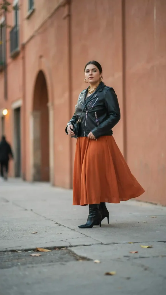 Burnt-Orange-Maxi-Skirt-and-Black-Jacket-for-Edgy-Style Burnt Orange Maxi Skirt and Black Jacket for Edgy Style