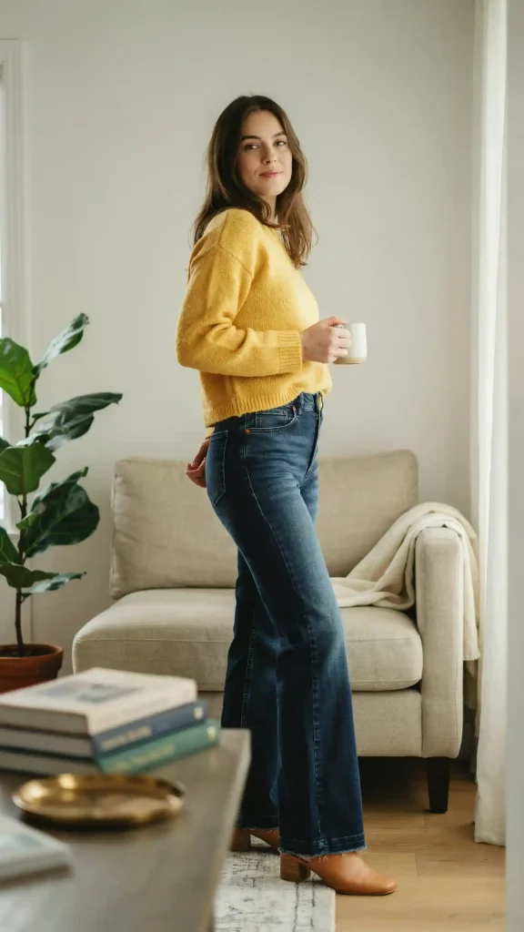 Butter-Yellow-Knit-with-Dark-Flare-Jeans-and-Mules Butter Yellow Knit with Dark Flare Jeans and Mules
