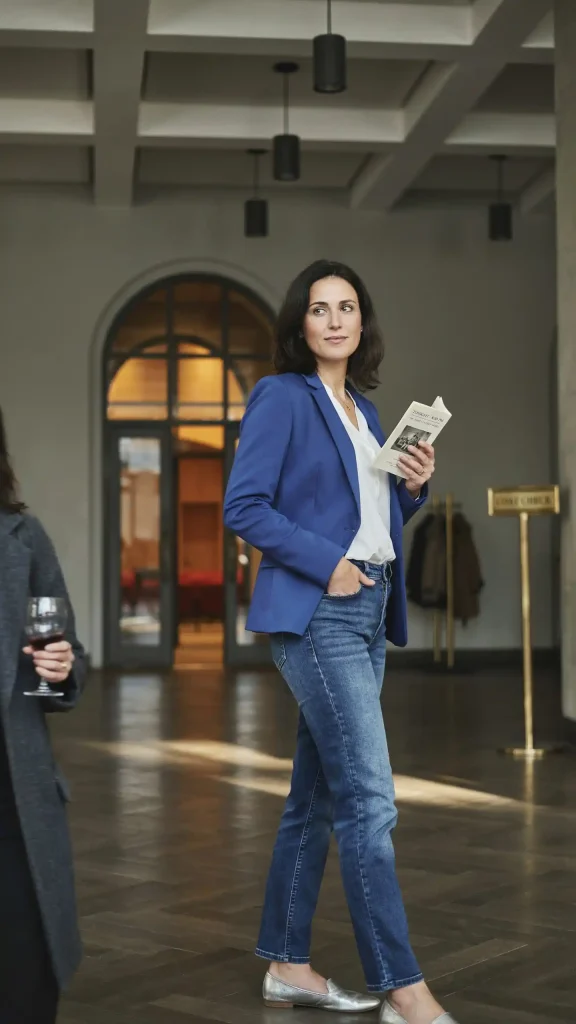 Cobalt-Blue-Blazer-with-Straight-Jeans-and-Metallic-Flats Cobalt Blue Blazer with Straight Jeans and Metallic Flats