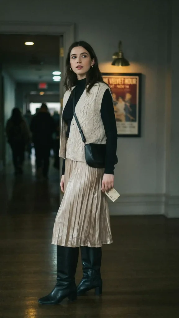 Cream-Knit-Vest-with-Metallic-Midi-Skirt-and-Tall-Boots Cream Knit Vest with Metallic Midi Skirt and Tall Boots