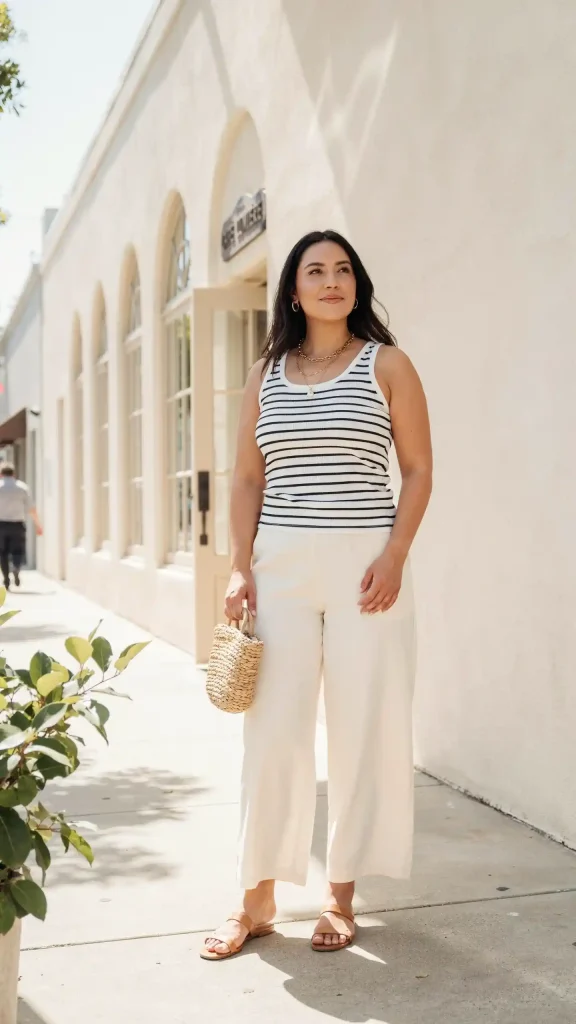 Cream-Palazzo-Pants-and-Striped-Tank-for-Relaxed-Summer-Chic Cream Palazzo Pants and Striped Tank for Relaxed Summer Chic