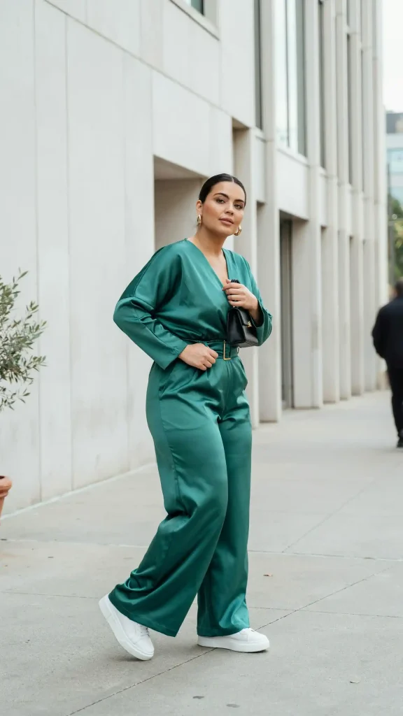 Emerald-Jumpsuit-and-Platform-Sneakers-for-Statement-Street-Style Emerald Jumpsuit and Platform Sneakers for Statement Street Style