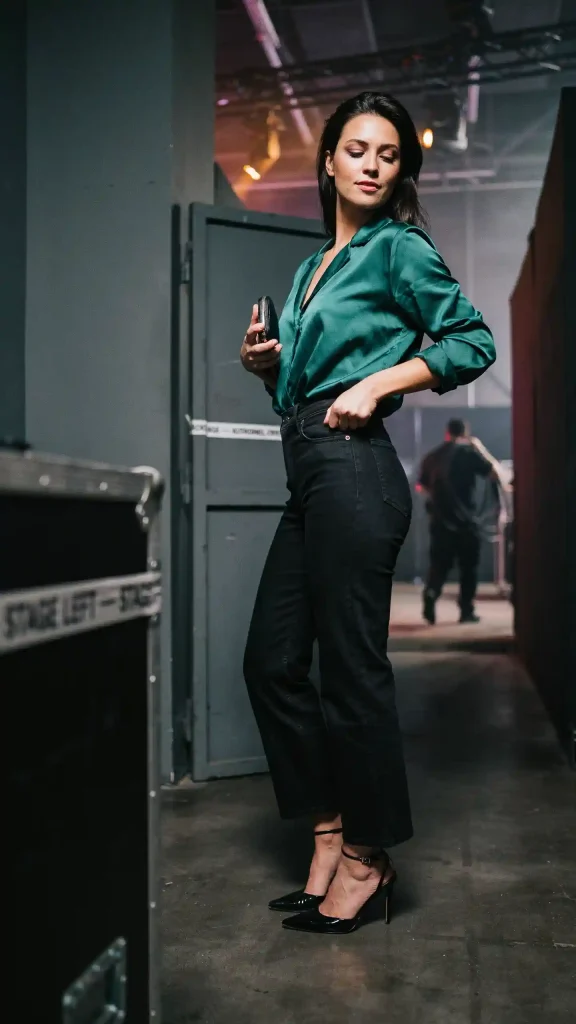 Emerald-Satin-Shirt-with-Black-Barrel-Jeans-and-Heels Emerald Satin Shirt with Black Barrel Jeans and Heels