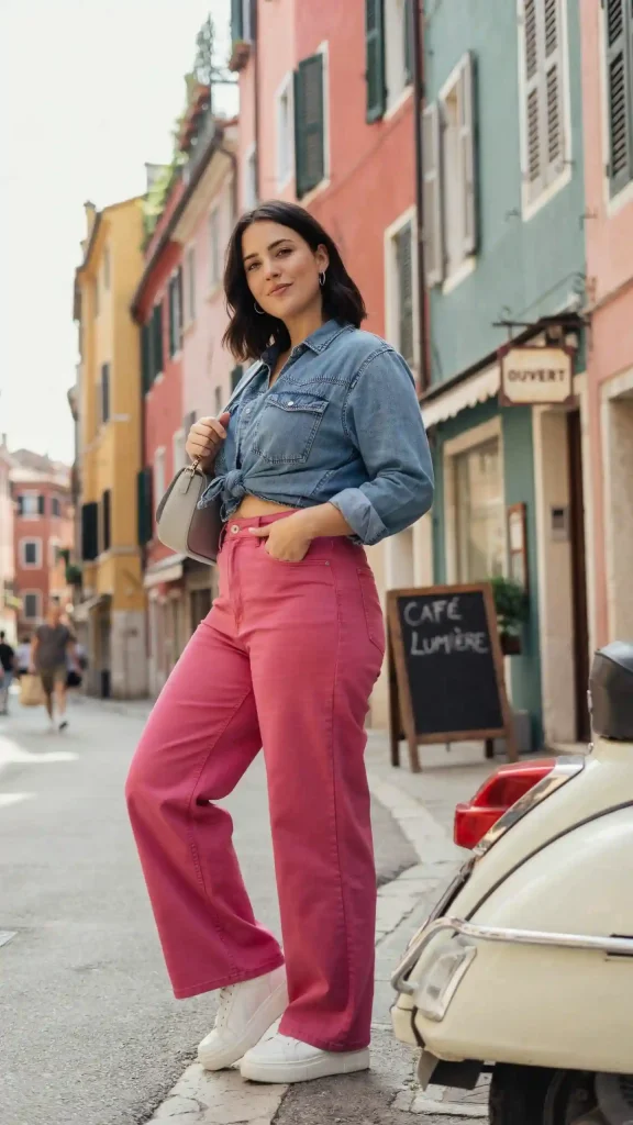 Fuchsia-Wide-Leg-Jeans-and-Denim-Shirt-for-Playful-City-Style Fuchsia Wide-Leg Jeans and Denim Shirt for Playful City Style