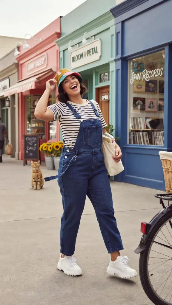 Indigo-Denim-Overalls-and-Striped-Tee-for-Playful-Urban-Style Indigo Denim Overalls and Striped Tee for Playful Urban Style
