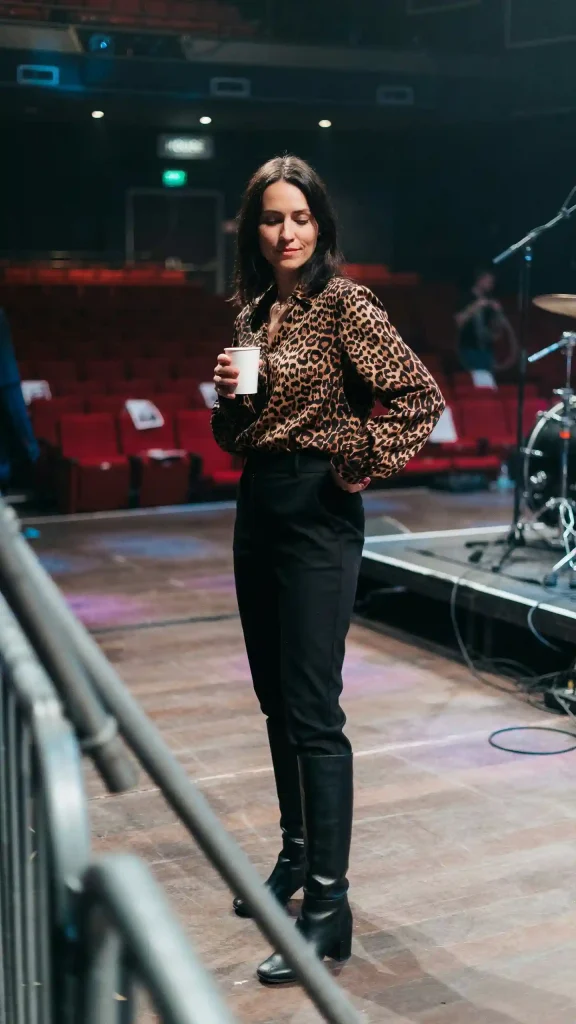 Leopard-Print-Blouse-with-Tailored-Black-Trousers-and-Boots Leopard Print Blouse with Tailored Black Trousers and Boots