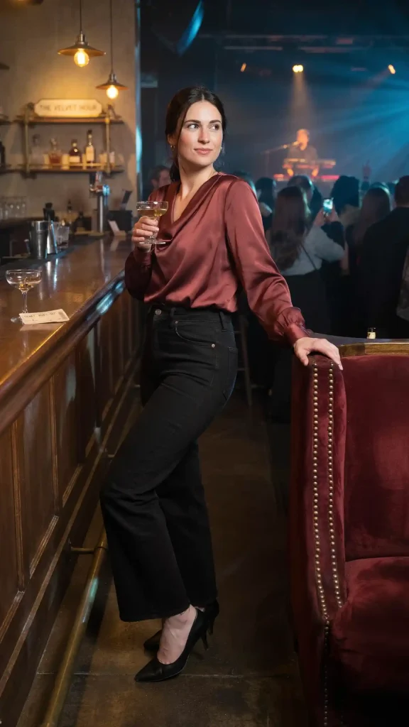 Merlot-Satin-Blouse-with-Black-Barrel-Jeans-and-Heels Merlot Satin Blouse with Black Barrel Jeans and Heels