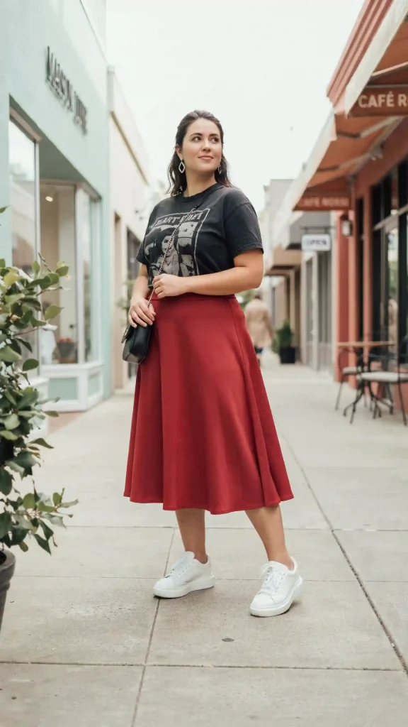 Red-Midi-Skirt-and-Graphic-Tee-for-Eye-Catching-Street-Style Red Midi Skirt and Graphic Tee for Eye-Catching Street Style