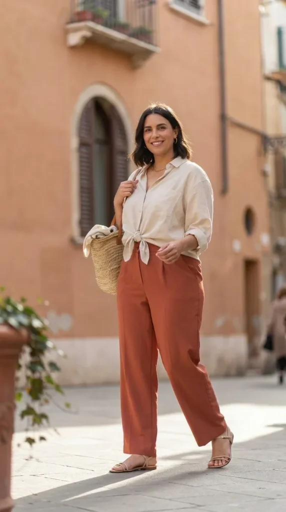Rust-Wide-Leg-Pants-and-Linen-Shirt-for-Elevated-Street-Style Rust Wide-Leg Pants and Linen Shirt for Elevated Street Style