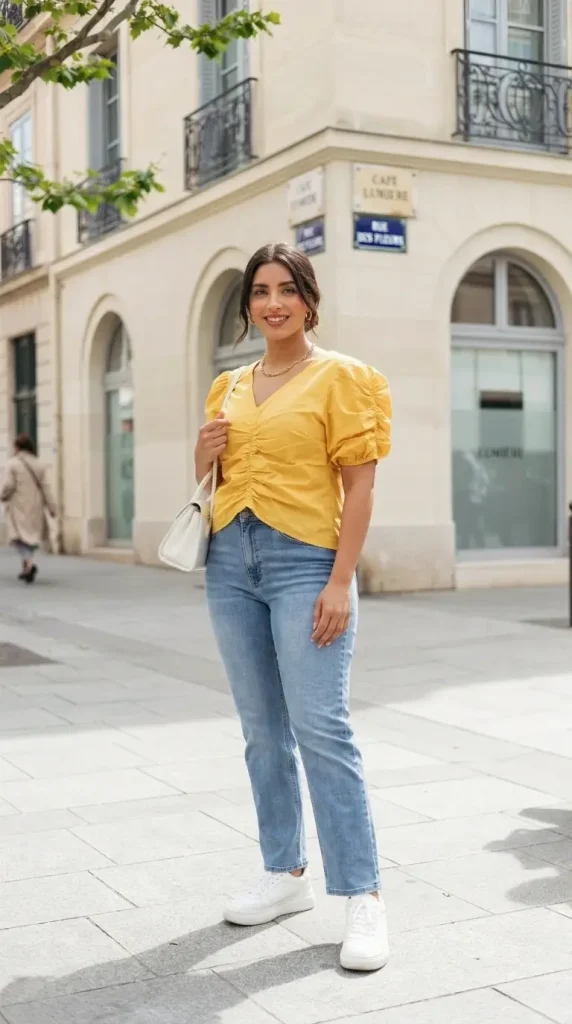 Sky-Blue-Jeans-and-Yellow-Blouse-for-Bright-Street-Style Sky Blue Jeans and Yellow Blouse for Bright Street Style
