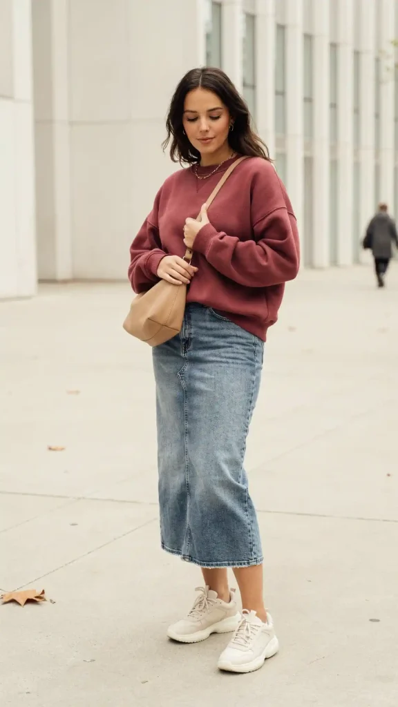 Stone-Denim-Midi-Skirt-and-Sweatshirt-for-Casual-Cool-Days Stone Denim Midi Skirt and Sweatshirt for Casual Cool Days