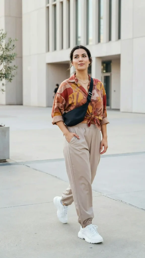 Taupe-Parachute-Pants-and-Printed-Shirt-for-Trendy-City-Style Taupe Parachute Pants and Printed Shirt for Trendy City Style