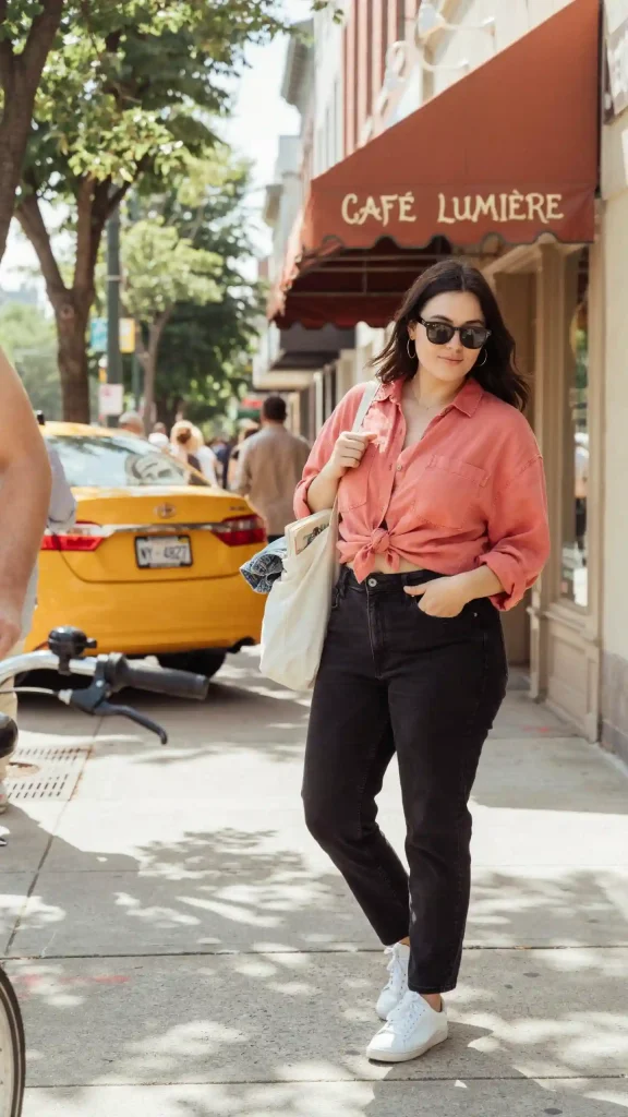 Washed-Black-Jeans-and-Coral-Shirt-for-Laid-Back-Summer-Cool Washed Black Jeans and Coral Shirt for Laid-Back Summer Cool