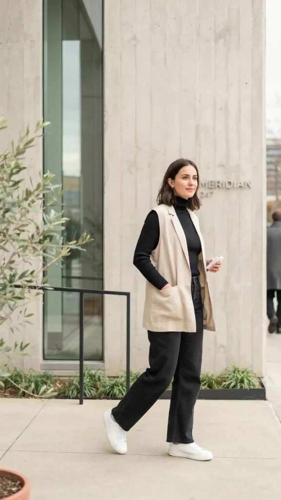 Beige-Trench-Vest-with-Black-Knit-and-Wide-Leg-Jeans Beige Trench Vest with Black Knit and Wide-Leg Jeans