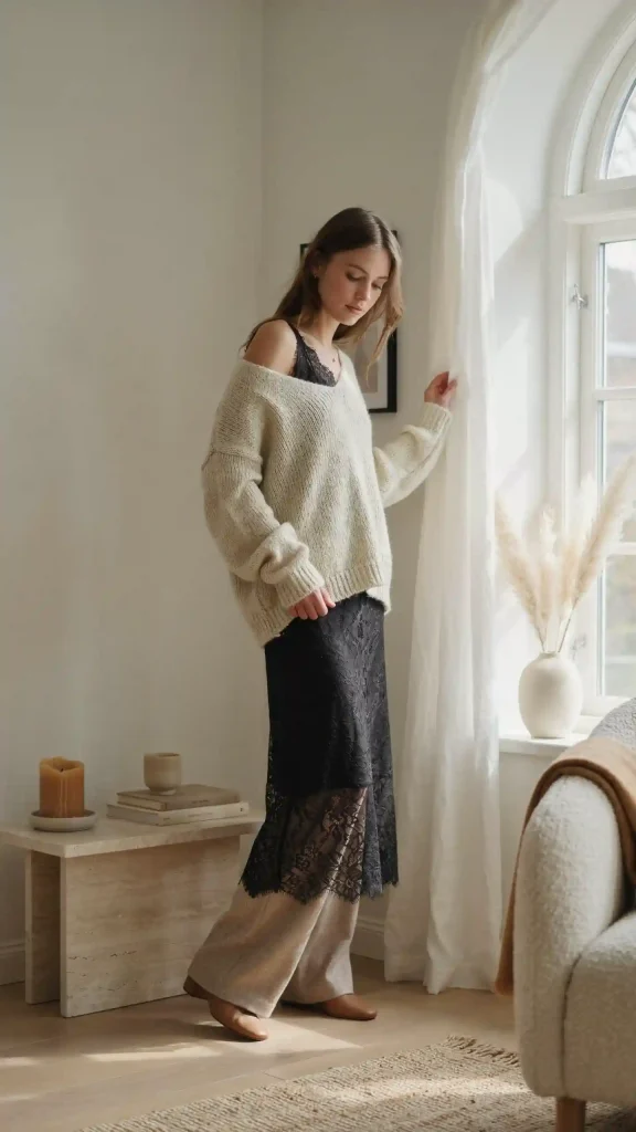 Black-Lace-Slip-Dress-with-Chunky-Knit-Sweater Black Lace Slip Dress with Chunky Knit Sweater