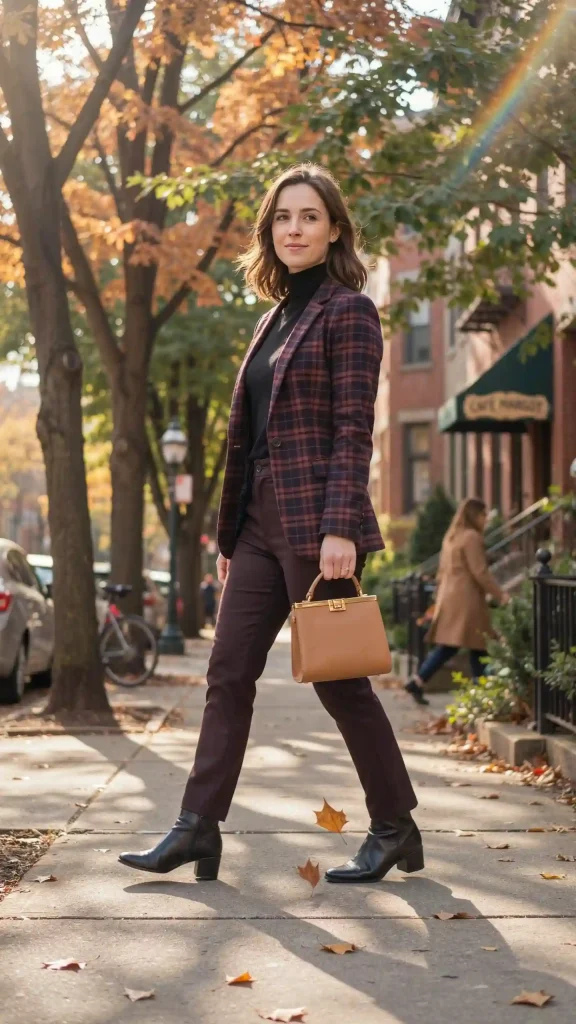 Black-Turtleneck-with-Plaid-Blazer-and-Ankle-Boots Black Turtleneck with Plaid Blazer and Ankle Boots