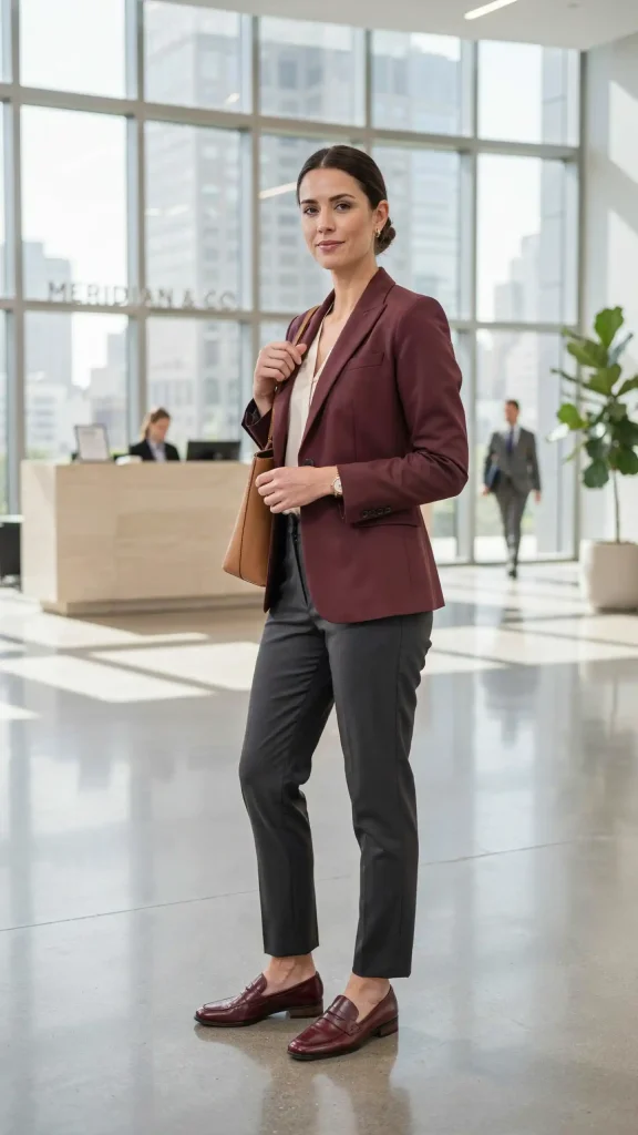 Burgundy Blazer With Charcoal Trousers and Loafers