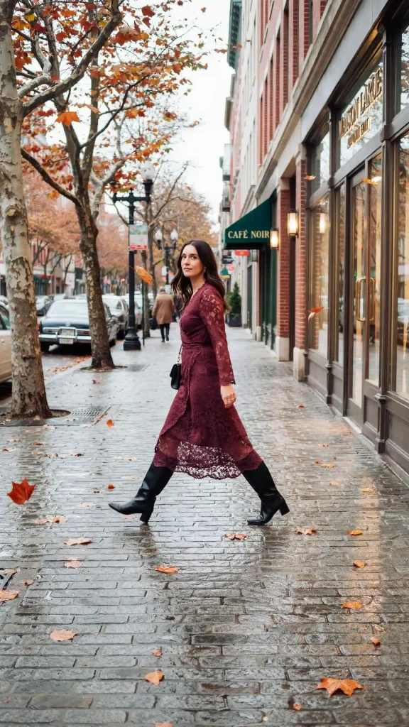 Burgundy-Lace-Wrap-Dress-with-Knee-High-Boots Burgundy Lace Wrap Dress with Knee High Boots
