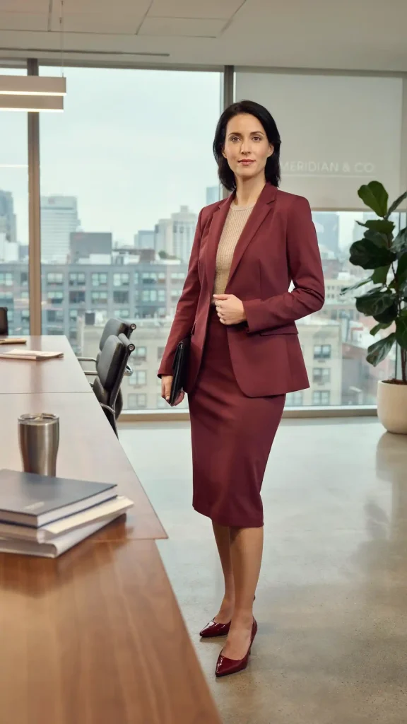 Burgundy-Suit-With-Soft-Beige-Knit-Top-and-Pumps Burgundy Suit With Soft Beige Knit Top and Pumps