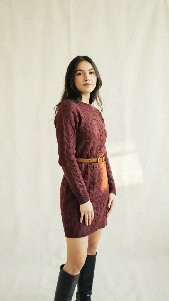 Burgundy-Sweater-Dress-with-Knee-High-Boots-and-Belt Burgundy Sweater Dress with Knee-High Boots and Belt