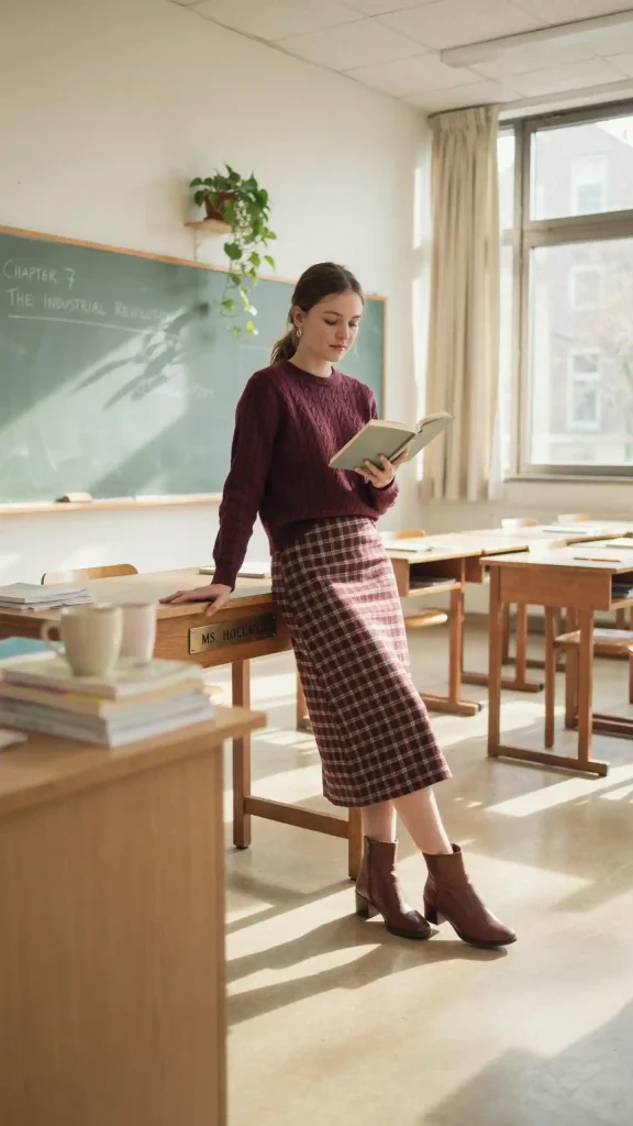 Burgundy-Sweater-With-Plaid-Midi-Skirt-and-Ankle-Boots Burgundy Sweater With Plaid Midi Skirt and Ankle Boots