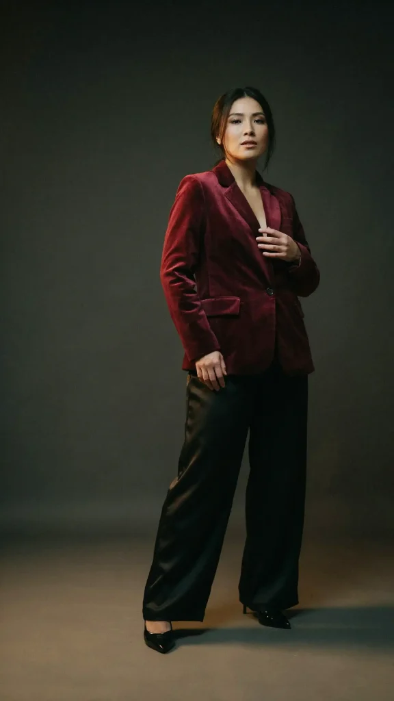 Burgundy-Velvet-Blazer-with-Black-Satin-Trousers-and-Heels Burgundy Velvet Blazer with Black Satin Trousers and Heels