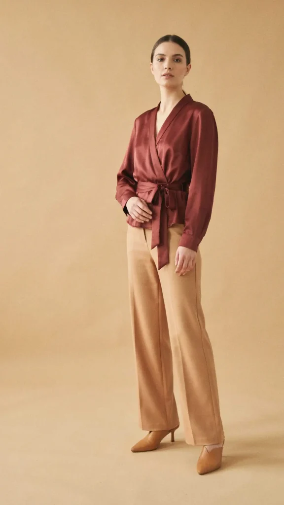 Burgundy-Wrap-Blouse-with-Camel-Trousers-and-Pointed-Mules Burgundy Wrap Blouse with Camel Trousers and Pointed Mules