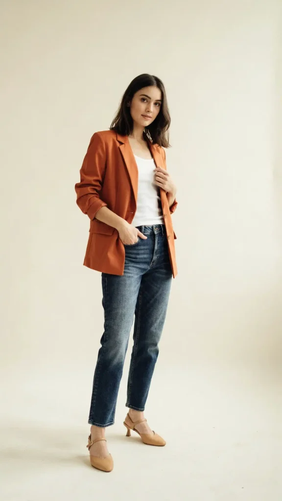 Burnt-Orange-Blazer-with-Dark-Denim-and-Slingback-Heels Burnt Orange Blazer with Dark Denim and Slingback Heels