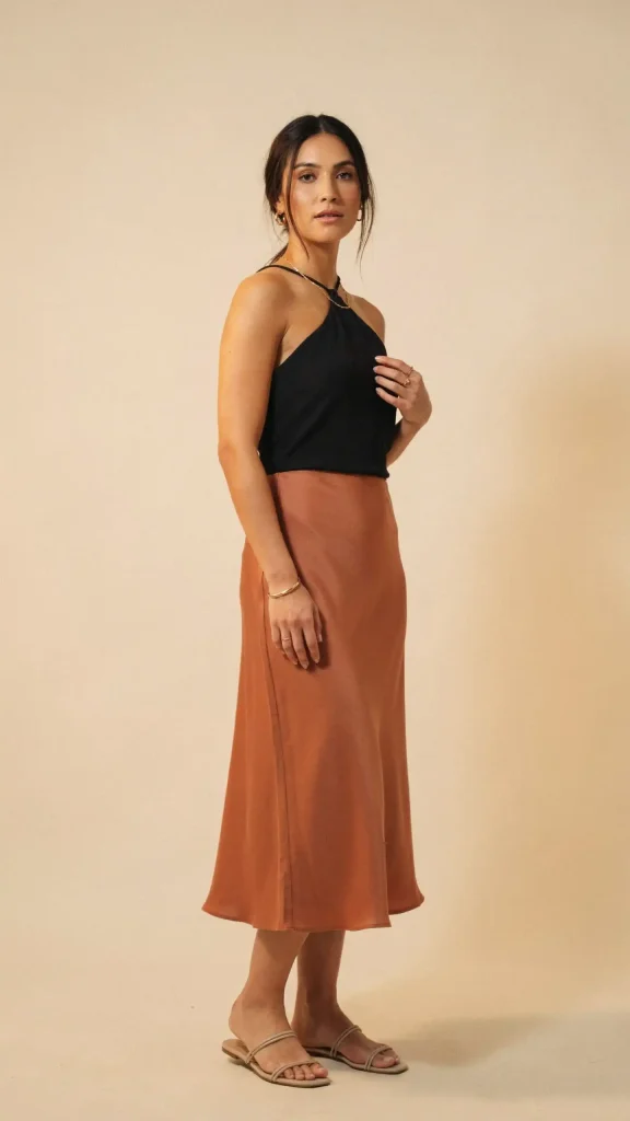 Burnt-Sienna-Midi-Skirt-with-Black-Halter-Neck-Top Burnt Sienna Midi Skirt with Black Halter Neck Top