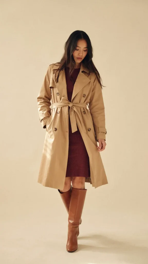 Camel-Belted-Trench-Coat-with-Burgundy-Knit-Dress Camel Belted Trench Coat with Burgundy Knit Dress