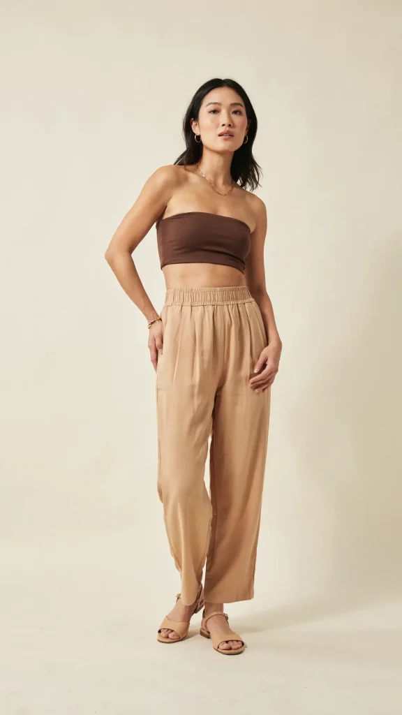 Camel-Paperbag-Trousers-with-Chocolate-Brown-Bandeau-Top Camel Paperbag Trousers with Chocolate Brown Bandeau Top