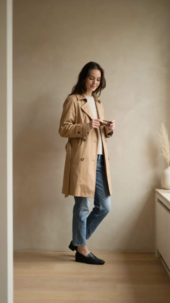 Camel-Trench-Coat-with-Cream-Knit-and-Straight-Jeans Camel Trench Coat with Cream Knit and Straight Jeans