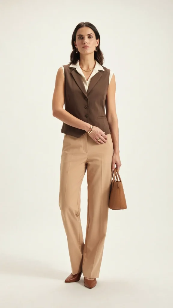 Camel-Wide-Leg-Pants-with-Sleeveless-Chocolate-Brown-Vest Camel Wide Leg Pants with Sleeveless Chocolate Brown Vest
