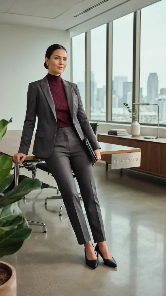 Charcoal-Blazer-with-Burgundy-Turtleneck-and-Tailored-Trousers Charcoal Blazer with Burgundy Turtleneck and Tailored Trousers