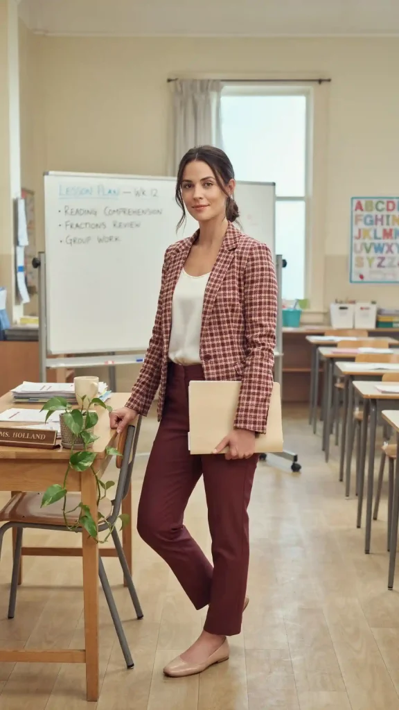 Checked-Blazer-With-Burgundy-Trousers-and-Neutral-Ballet-Flats Checked Blazer With Burgundy Trousers and Neutral Ballet Flats