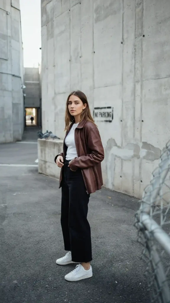 Chocolate-Brown-Leather-Jacket-with-Black-Wide-Leg-Trousers Chocolate Brown Leather Jacket with Black Wide-Leg Trousers