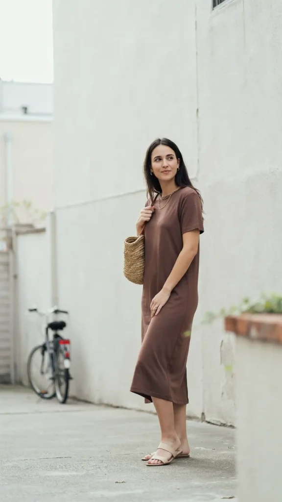 Chocolate-Brown-Midi-Dress-with-Woven-Raffia-Shoulder-Bag Chocolate Brown Midi Dress with Woven Raffia Shoulder Bag