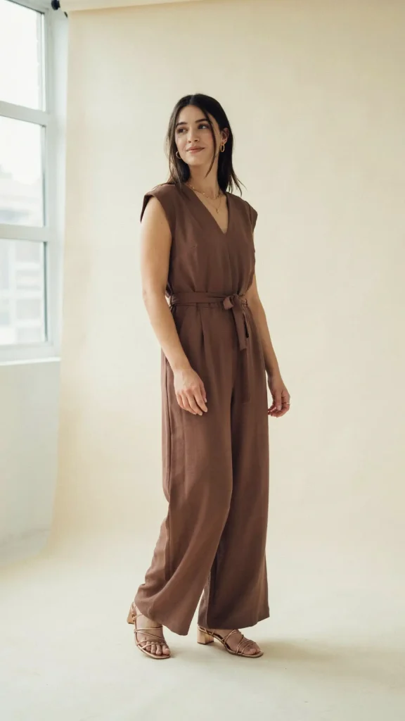 Chocolate-Brown-Wide-Leg-Jumpsuit-with-Metallic-Sandals Chocolate Brown Wide Leg Jumpsuit with Metallic Sandals