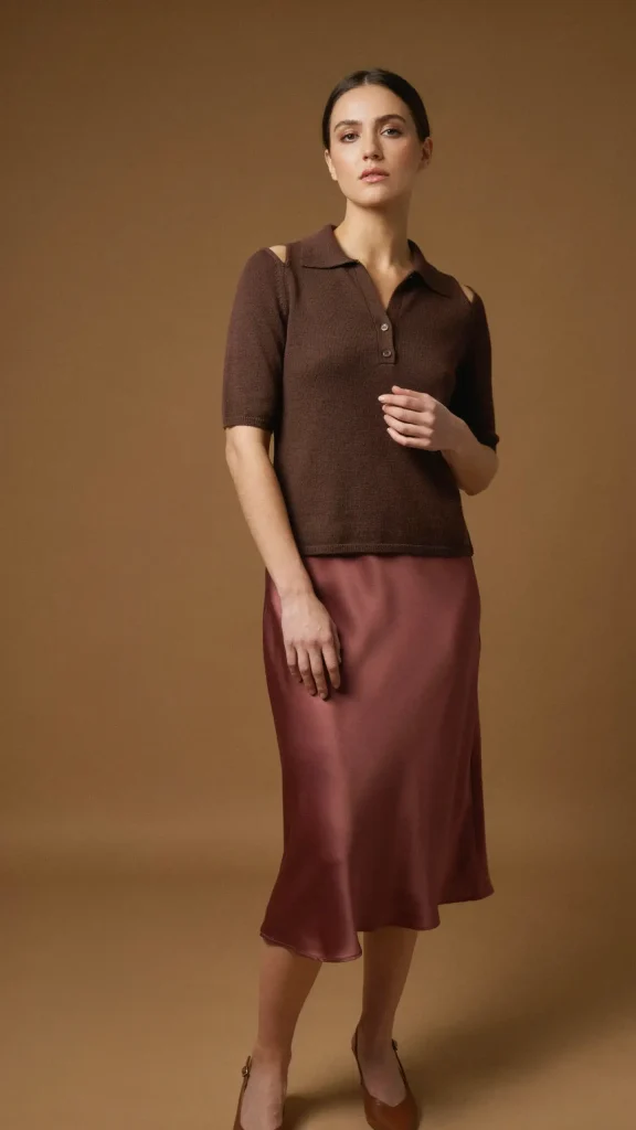 Chocolate-Knit-Polo-with-Burgundy-Satin-Slip-Skirt Chocolate Knit Polo with Burgundy Satin Slip Skirt