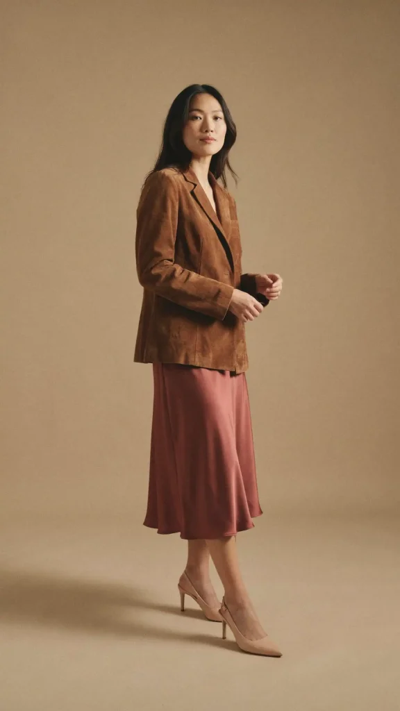 Chocolate-Suede-Blazer-with-Burgundy-Satin-Midi-Skirt Chocolate Suede Blazer with Burgundy Satin Midi Skirt