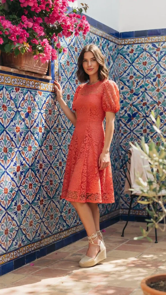 Coral-Lace-Puff-Sleeve-Dress-with-Espadrille-Wedges Coral Lace Puff Sleeve Dress with Espadrille Wedges